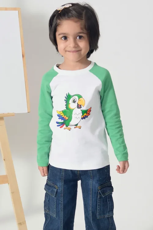 Parrot Printed T-Shirt for Girls – Green & White Long Sleeve Cotton Tee