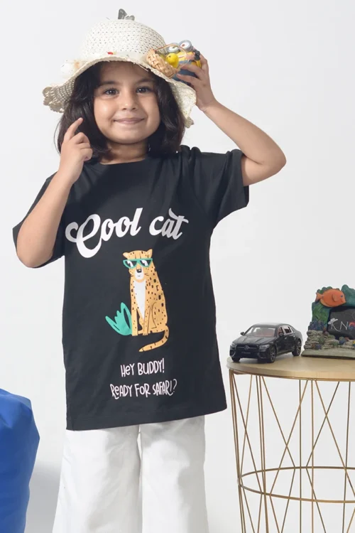 Cool Cat T-Shirt – Black Safari Graphic Tee for Girls