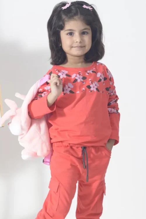 Floral PJ Set for Girls – Red Cotton Printed Cargo Top & Bottom