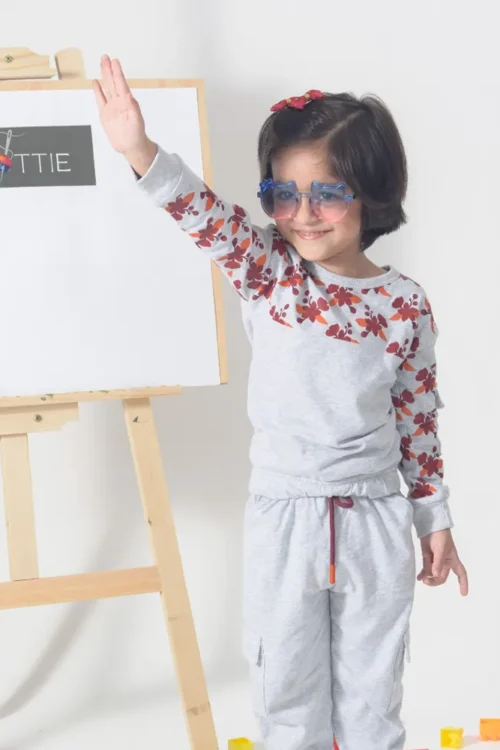 Floral PJ Set for Girls – Grey Cotton Printed Cargo Top & Bottom