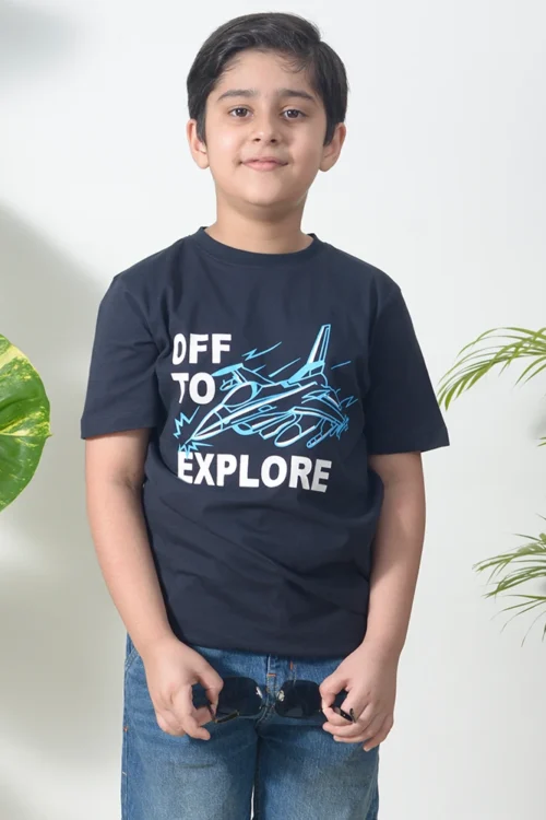 Jet Plane T-Shirt – Blue “Off to Explore” Graphic Tee for Boys