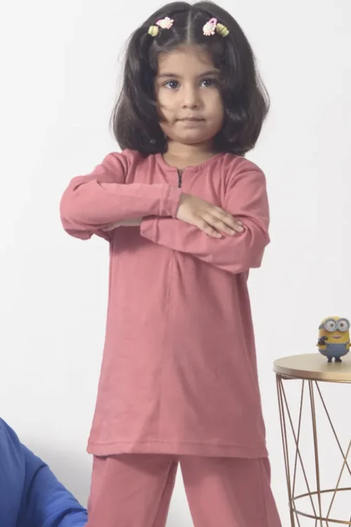 Quarter Zipper Set for Girls – Pink Stretchy Lycra Jersey Outfit