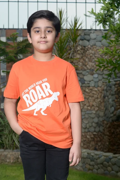 Roar Dino T-Shirt – Orange “Let the World Hear You Roar” Tee for Boys