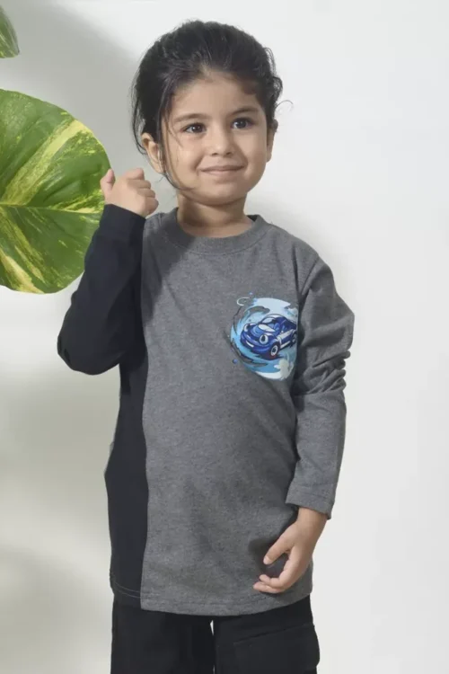 Kids Grey & Black Graphic T-Shirt | Cotton Tee for Girls (3–6 Years)