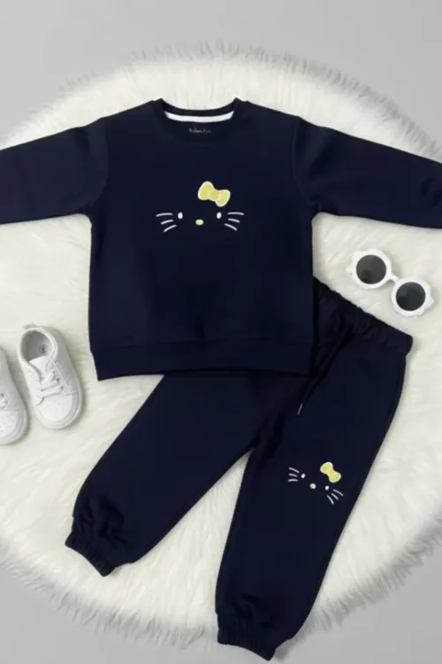 True Navy Printed Kids Sweatshirt & Trouser Set | Fleece Winter Wear (3–12 Years)
