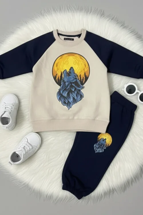 Kids WearWolf Printed Raglan Winter Suit – Beige/Navy