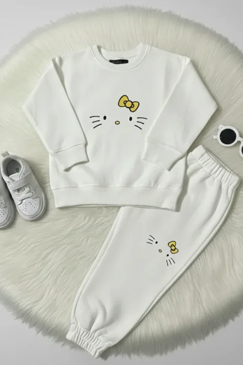 Kids Printed Winter Sweatshirt & Trouser Set – Bright White