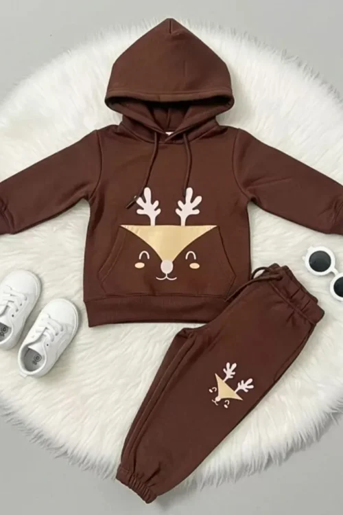 Dark Brown Kids Hoodie & Trouser Set | Cozy Printed Winter Wear (3–12 Years)