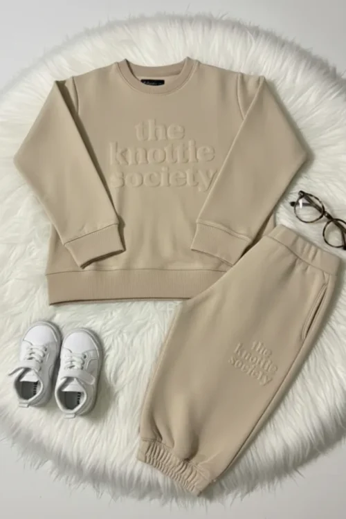 Fantastic Beige Kids Embossed Sweatshirt & Trouser Set | Cozy Winter Coord (3–12 Years)