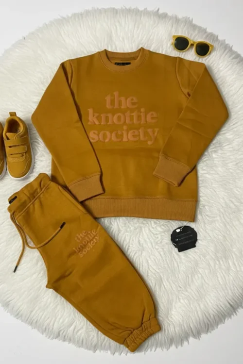 Mustard Embossed Kids Sweatshirt & Trouser Set | Cozy Winter Wear (3–12 Years)