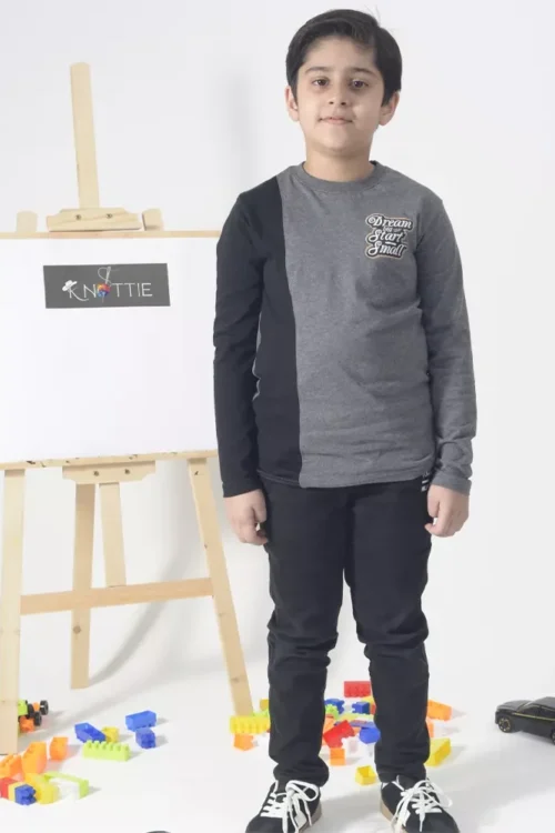 Kids Gray & Black Long Sleeve Tee | Cotton Casual Wear (7–12 Years)