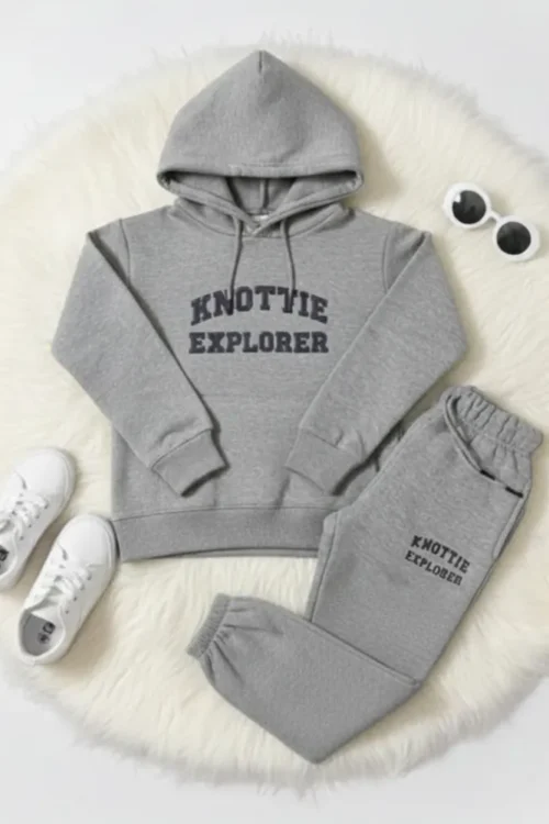 Heather Grey Kids Hoodie & Trouser Set | Knottie Explorer Winter Wear (3–12 Years)