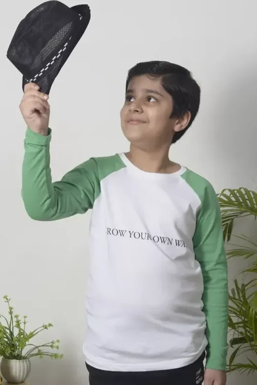 Kids Green & White Raglan Tee | Grow Your Own Way Shirt (7–12 Years)