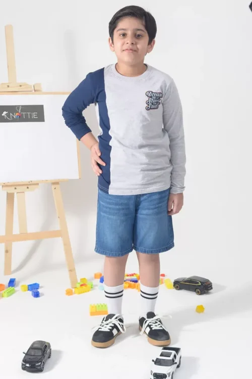 Kids Gray-Blue Long Sleeve Tee | Cotton Casual Wear (7–12 Years)
