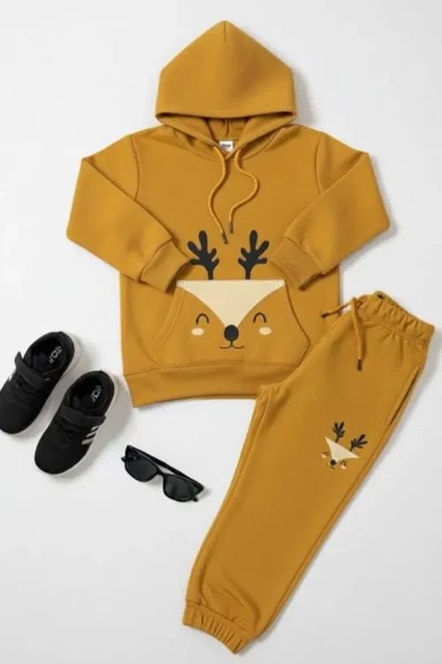 Kids Mustard Hoodie Coord Set | Printed Kangaroo Pocket Pullover & Trouser (3–12 Years)