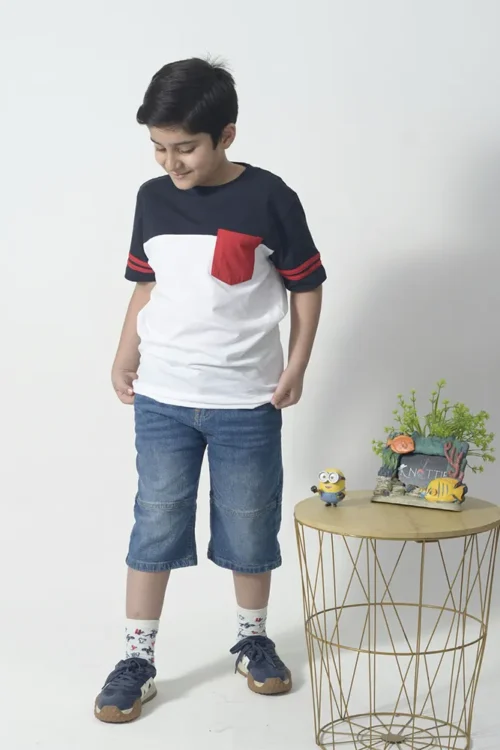 Kids Navy & White Panel T-Shirt with Red Pocket | 100% Cotton (3–12 Years)