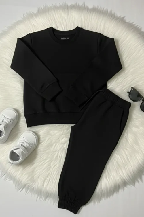 Black Kids Sweatshirt & Trouser Set | Solid Winter Wear for Kids (3–12 Years)