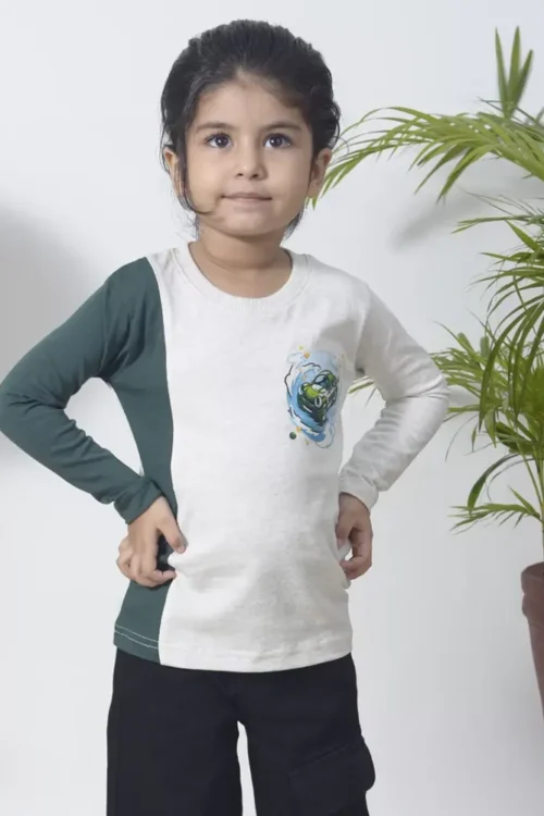 Kids White & Green Car Graphic T-Shirt | Cotton Tee for Girls (3–6 Years)