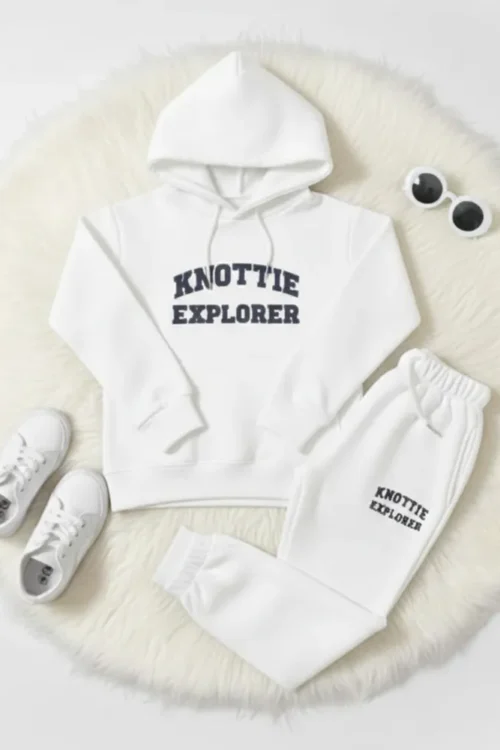 Embroidered White Hoodie & Trouser Set for Kids | Knottie Explorer Winter Wear (3–12 Years)