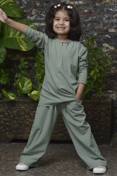 Kids Sage Green Coord Set | Stretchy Lycra Jersey Outfit (5–12 Years)